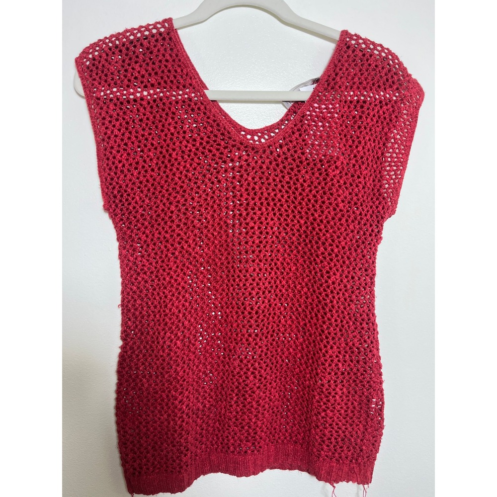 Unbranded Red Open Knit Crochet V-Neck Sweater Vest Sleeveless Mesh Top Boho